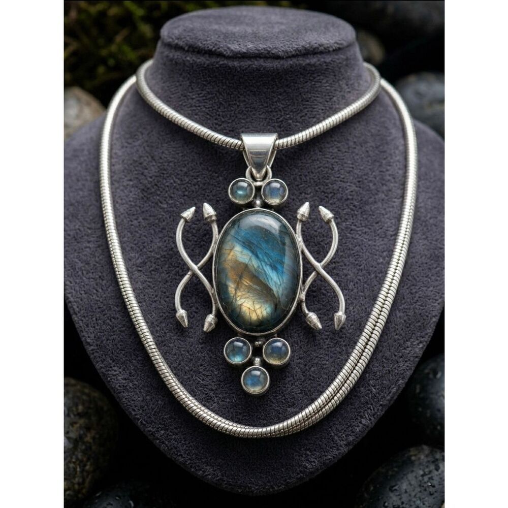 Artisan l Silver Labradorite Necklace Pendant Multi Stone Boho Statement New - Picture 6 of 6